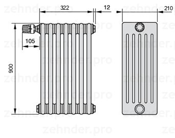 Схема (чертеж) Радиатор Zehnder Charleston 6090/7 №V012 Белый глянцевый RAL 9016